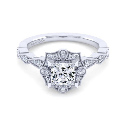 Unique 14K White Gold Art Deco Princess Halo Diamond Engagement Ring