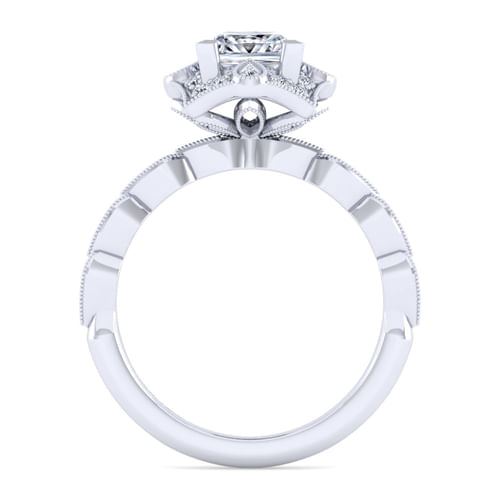 Unique 14K White Gold Art Deco Princess Halo Diamond Engagement Ring