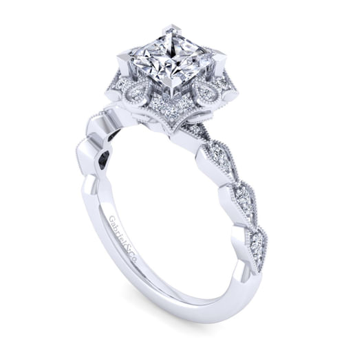 Unique 14K White Gold Art Deco Princess Halo Diamond Engagement Ring