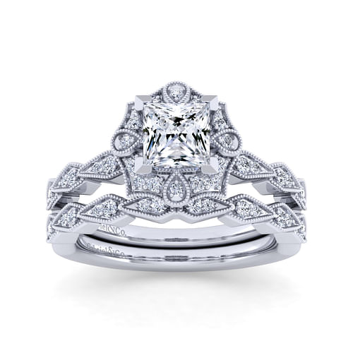 Unique 14K White Gold Art Deco Princess Halo Diamond Engagement Ring