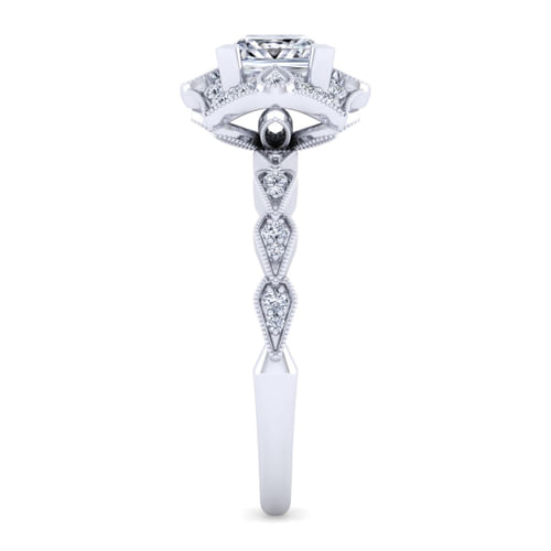 Unique 14K White Gold Art Deco Princess Halo Diamond Engagement Ring