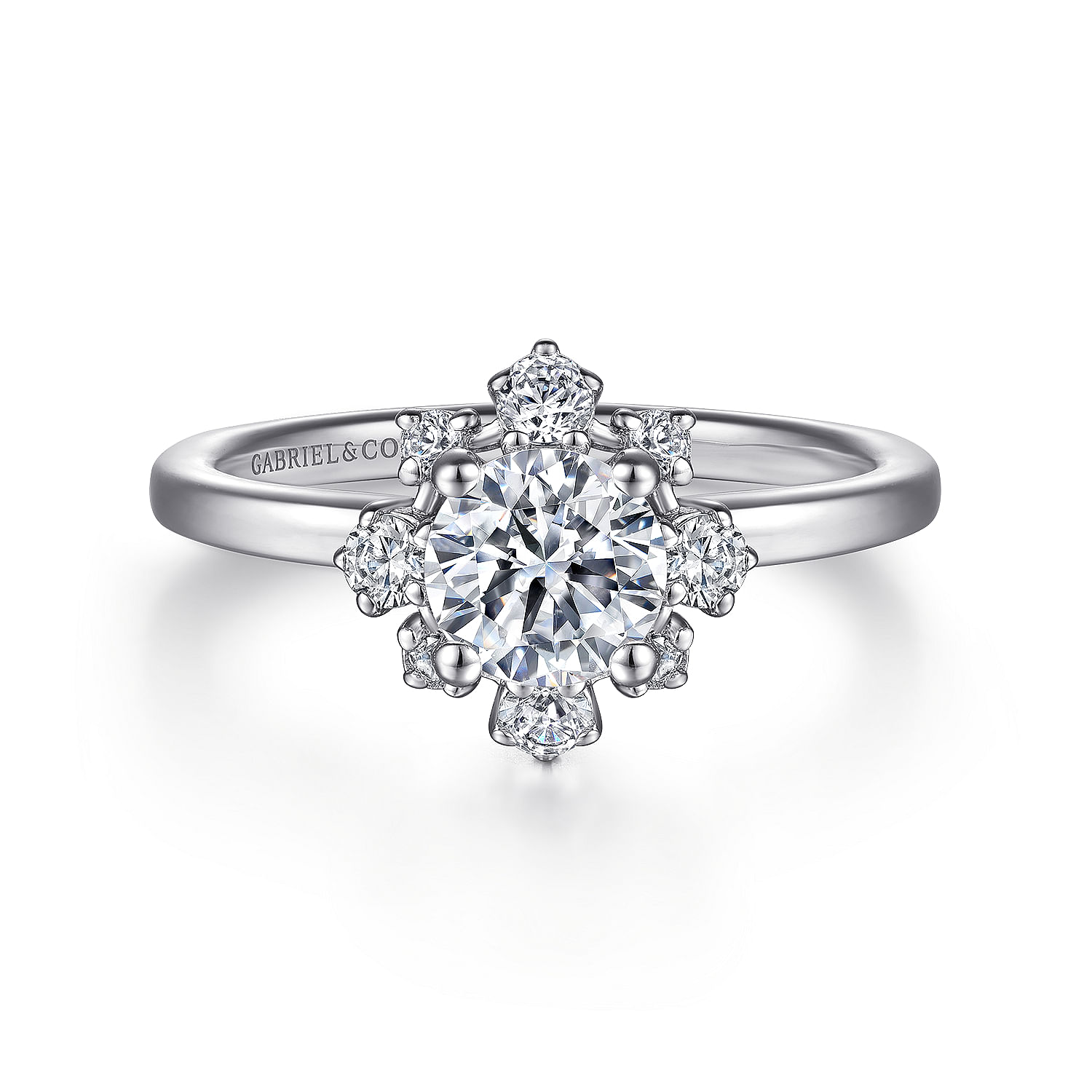 Unique 14K White Gold Fancy Halo Round Diamond Engagement Ring
