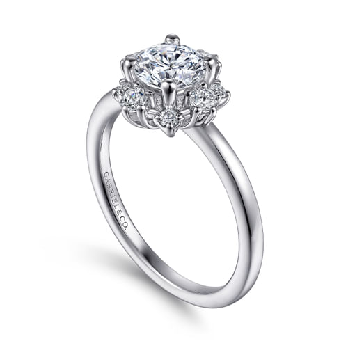 Unique 14K White Gold Fancy Halo Round Diamond Engagement Ring