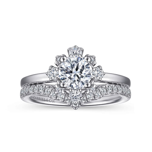 Unique 14K White Gold Fancy Halo Round Diamond Engagement Ring