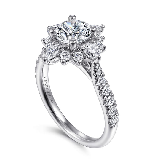 Unique 14K White Gold Round Halo Diamond Engagement Ring angle 3