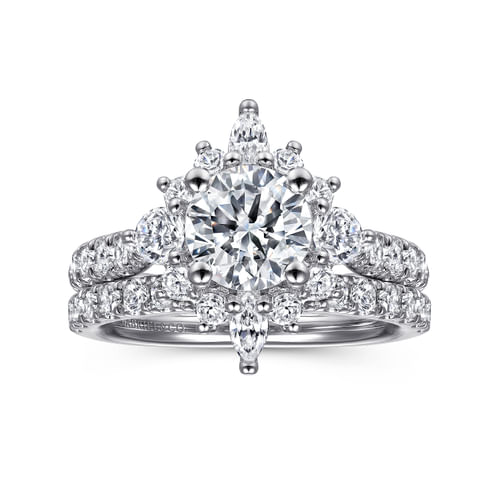 Unique 14K White Gold Round Halo Diamond Engagement Ring