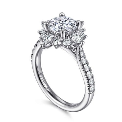 Unique 14K White Gold Round Halo Diamond Engagement Ring