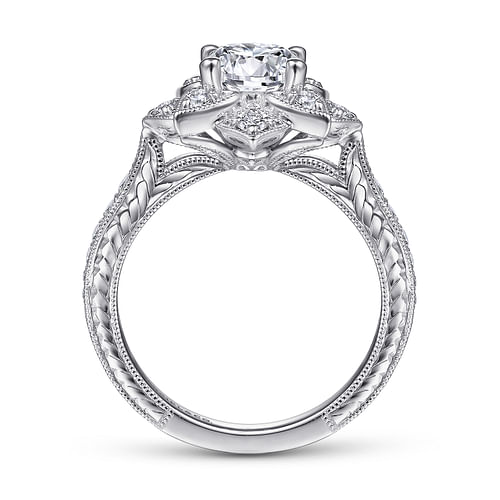 Unique 14K White Gold Round Halo Diamond Engagement Ring