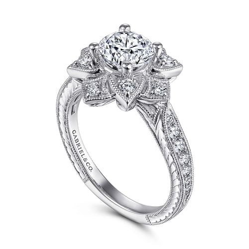 Unique 14K White Gold Round Halo Diamond Engagement Ring