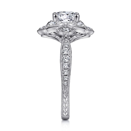 Unique 14K White Gold Round Halo Diamond Engagement Ring