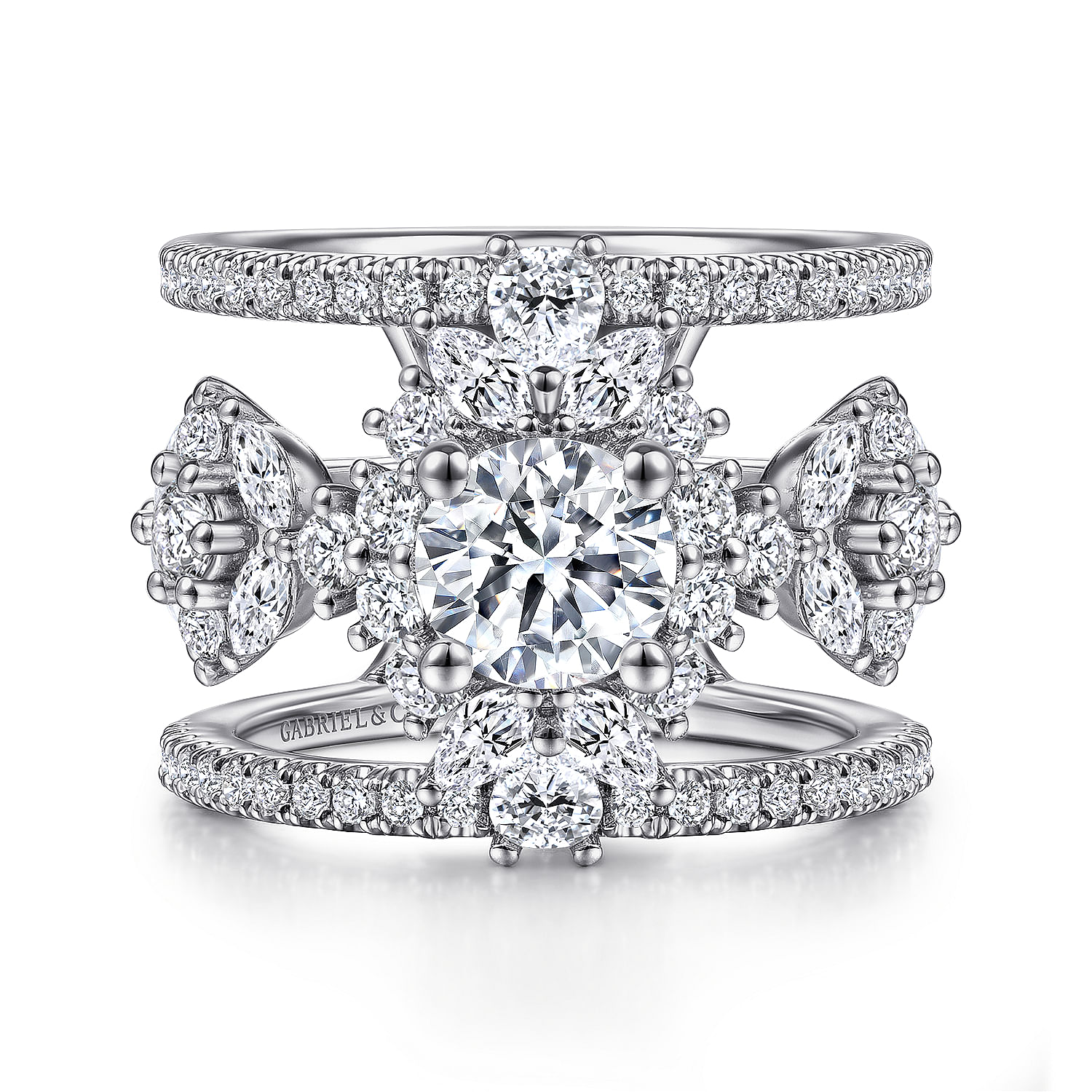 Unique 14K White Gold Three Stone Halo Diamond Engagement Ring