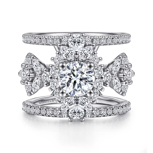 Unique 14K White Gold Three Stone Halo Diamond Engagement Ring