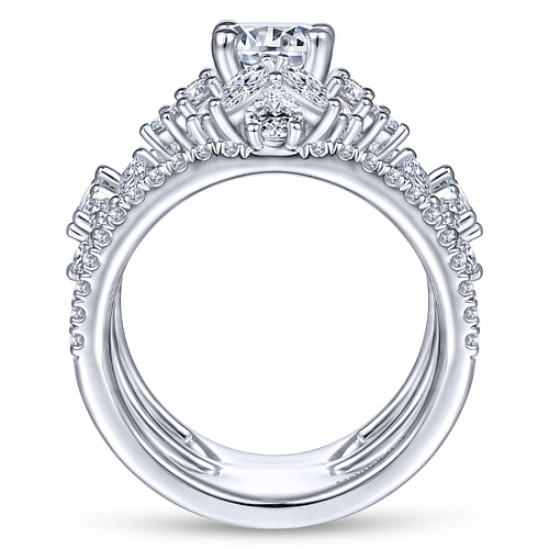 Unique 14K White Gold Three Stone Halo Diamond Engagement Ring