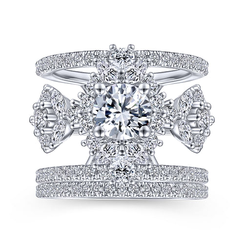 Unique 14K White Gold Three Stone Halo Diamond Engagement Ring