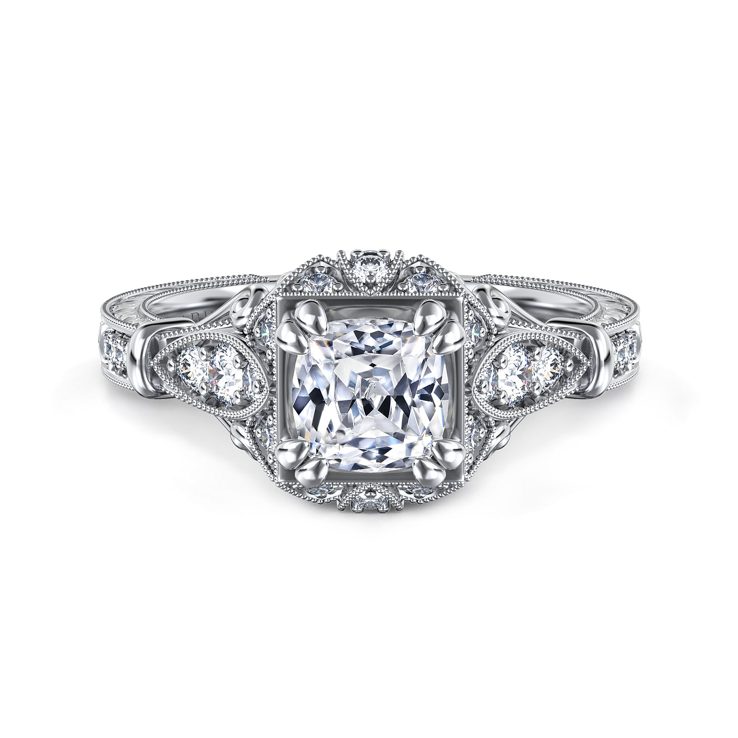 Unique 14K White Gold Vintage Inspired Cushion Cut Halo Diamond Engagement Ring