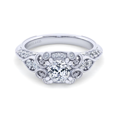 Unique 14K White Gold Vintage Inspired Cushion Halo Diamond Engagement Ring Unique 14K White Gold Vintage Inspired Cushion Halo Diamond Engagement Ring