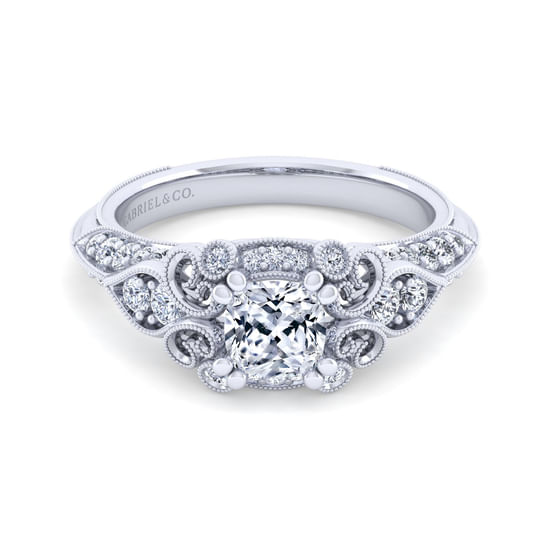 Gabriel - Unique 14K White Gold Vintage Inspired Cushion Halo Diamond  Engagement Ring