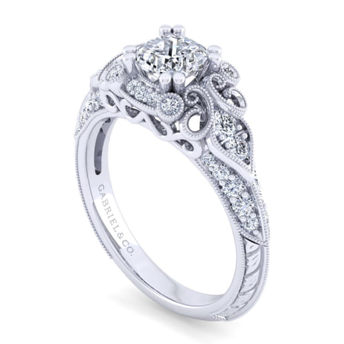 Unique 14K White Gold Vintage Inspired Cushion Halo Diamond Engagement Ring Unique 14K White Gold Vintage Inspired Cushion Halo Diamond Engagement Ring
