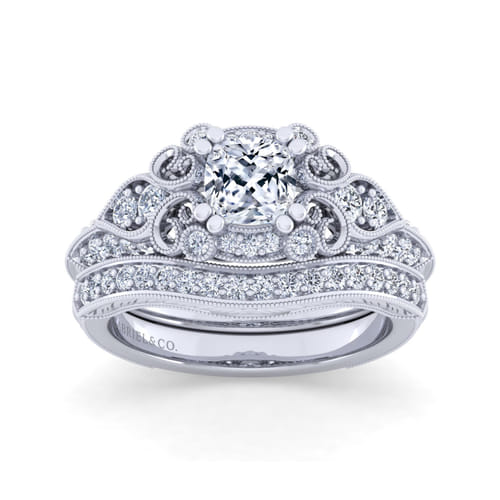 Unique 14K White Gold Vintage Inspired Cushion Halo Diamond Engagement Ring Unique 14K White Gold Vintage Inspired Cushion Halo Diamond Engagement Ring