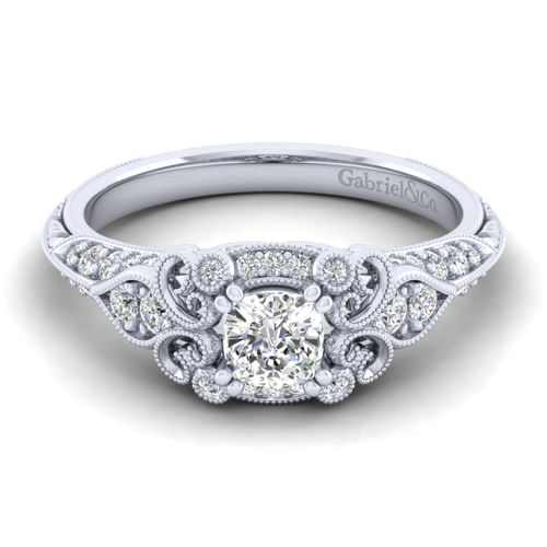 Unique 14K White Gold Vintage Inspired Cushion Halo Diamond Engagement Ring