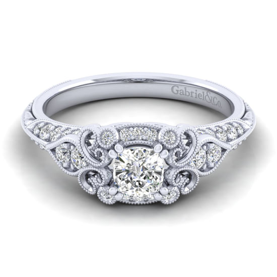 Gabriel - Unique 14K White Gold Vintage Inspired Cushion Halo Diamond Engagement Ring