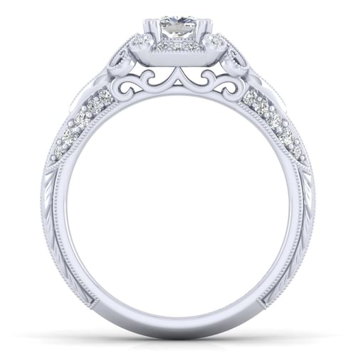 Unique 14K White Gold Vintage Inspired Cushion Halo Diamond Engagement Ring