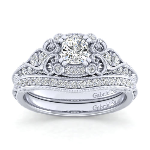 Unique 14K White Gold Vintage Inspired Cushion Halo Diamond Engagement Ring