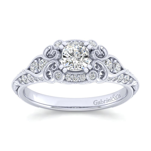Unique 14K White Gold Vintage Inspired Cushion Halo Diamond Engagement Ring