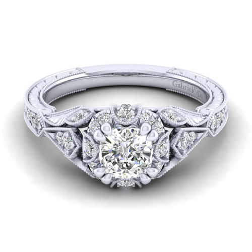 Unique 14K White Gold Vintage Inspired Cushion Halo Diamond Engagement Ring