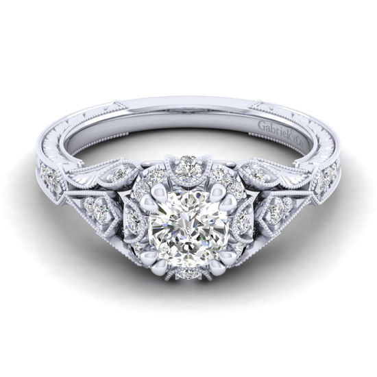 Gabriel - Unique 14K White Gold Vintage Inspired Cushion Halo Diamond Engagement Ring