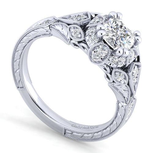 Unique 14K White Gold Vintage Inspired Cushion Halo Diamond Engagement Ring