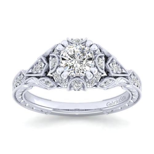 Unique 14K White Gold Vintage Inspired Cushion Halo Diamond Engagement Ring