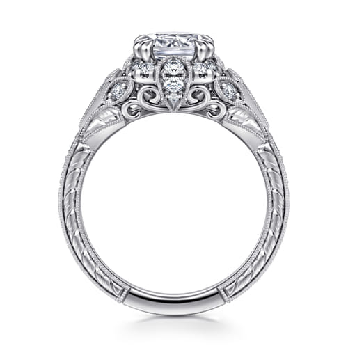 Unique 14K White Gold Vintage Inspired Cushion Halo Diamond Engagement Ring