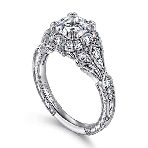 Unique 14K White Gold Vintage Inspired Cushion Halo Diamond Engagement Ring