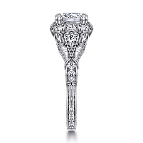 Unique 14K White Gold Vintage Inspired Cushion Halo Diamond Engagement Ring