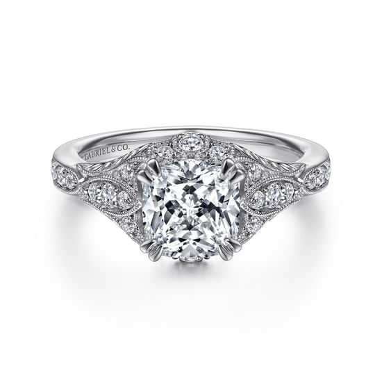 Gabriel - Unique 14K White Gold Vintage Inspired Cushion Halo Diamond Engagement Ring