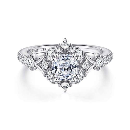 Unique 14K White Gold Vintage Inspired Cushion Halo Diamond Engagement Ring