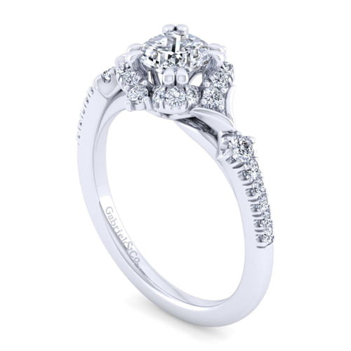Unique 14K White Gold Vintage Inspired Cushion Halo Diamond Engagement Ring