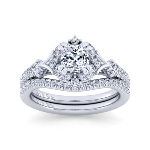 Unique 14K White Gold Vintage Inspired Cushion Halo Diamond Engagement Ring