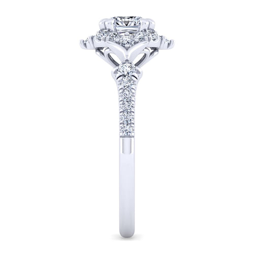 Unique 14K White Gold Vintage Inspired Cushion Halo Diamond Engagement Ring