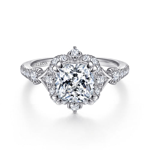 Unique 14K White Gold Vintage Inspired Cushion Halo Diamond Engagement Ring