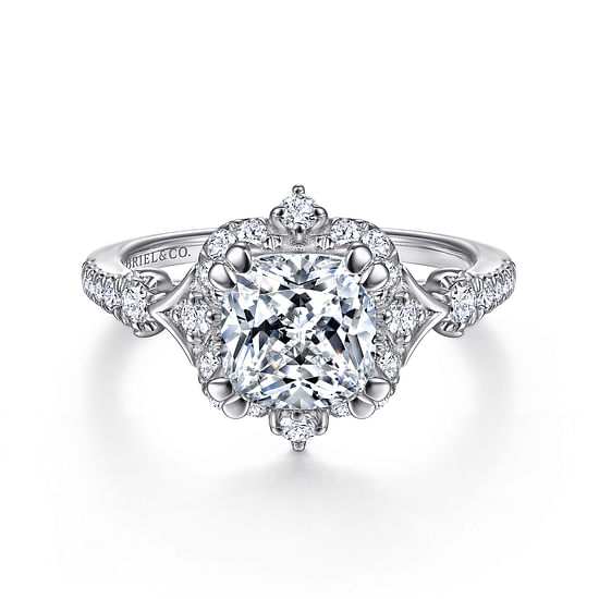 Gabriel - Unique 14K White Gold Vintage Inspired Cushion Halo Diamond Engagement Ring