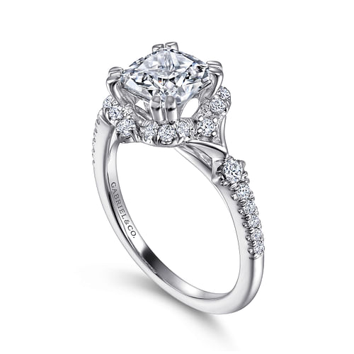 Unique 14K White Gold Vintage Inspired Cushion Halo Diamond Engagement Ring