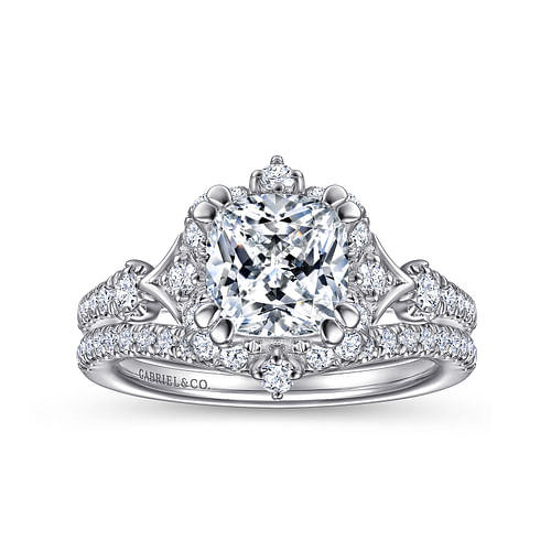 Unique 14K White Gold Vintage Inspired Cushion Halo Diamond Engagement Ring