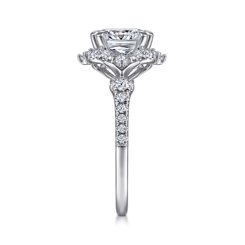 Unique 14K White Gold Vintage Inspired Cushion Halo Diamond Engagement Ring