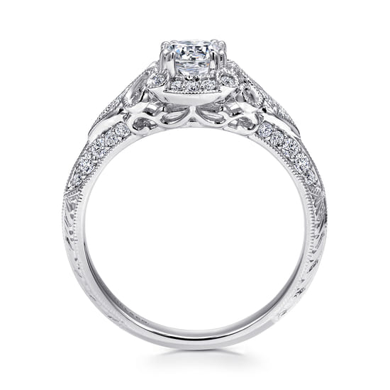 Unique 14K White Gold Vintage Inspired Diamond Halo Engagement Ring angle 2
