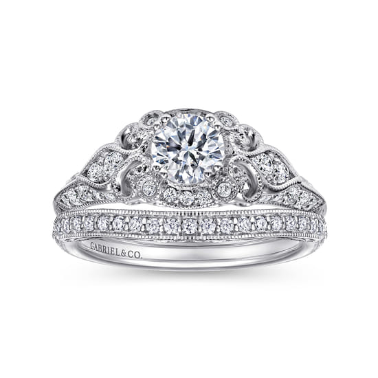 Unique 14K White Gold Vintage Inspired Diamond Halo Engagement Ring angle 4