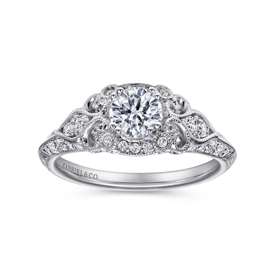 Unique 14K White Gold Vintage Inspired Diamond Halo Engagement Ring angle 5
