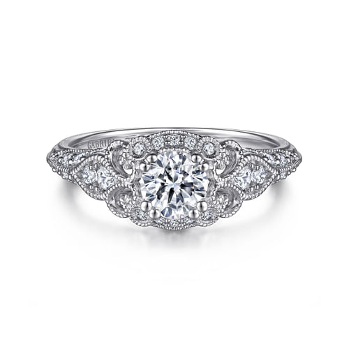 Unique 14K White Gold Vintage Inspired Diamond Halo Engagement Ring