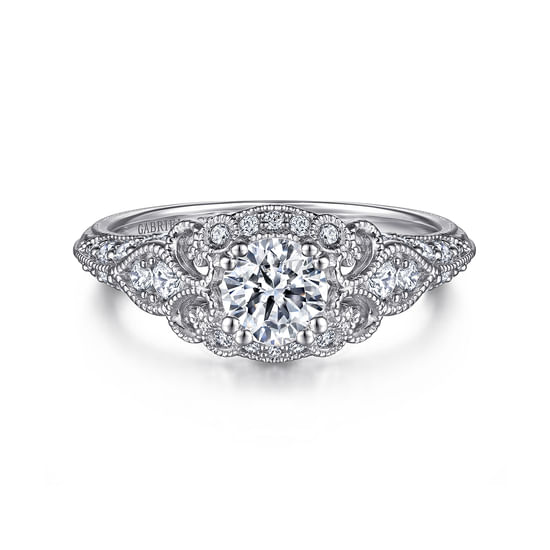 Gabriel - Unique 14K White Gold Vintage Inspired Diamond Halo Engagement Ring